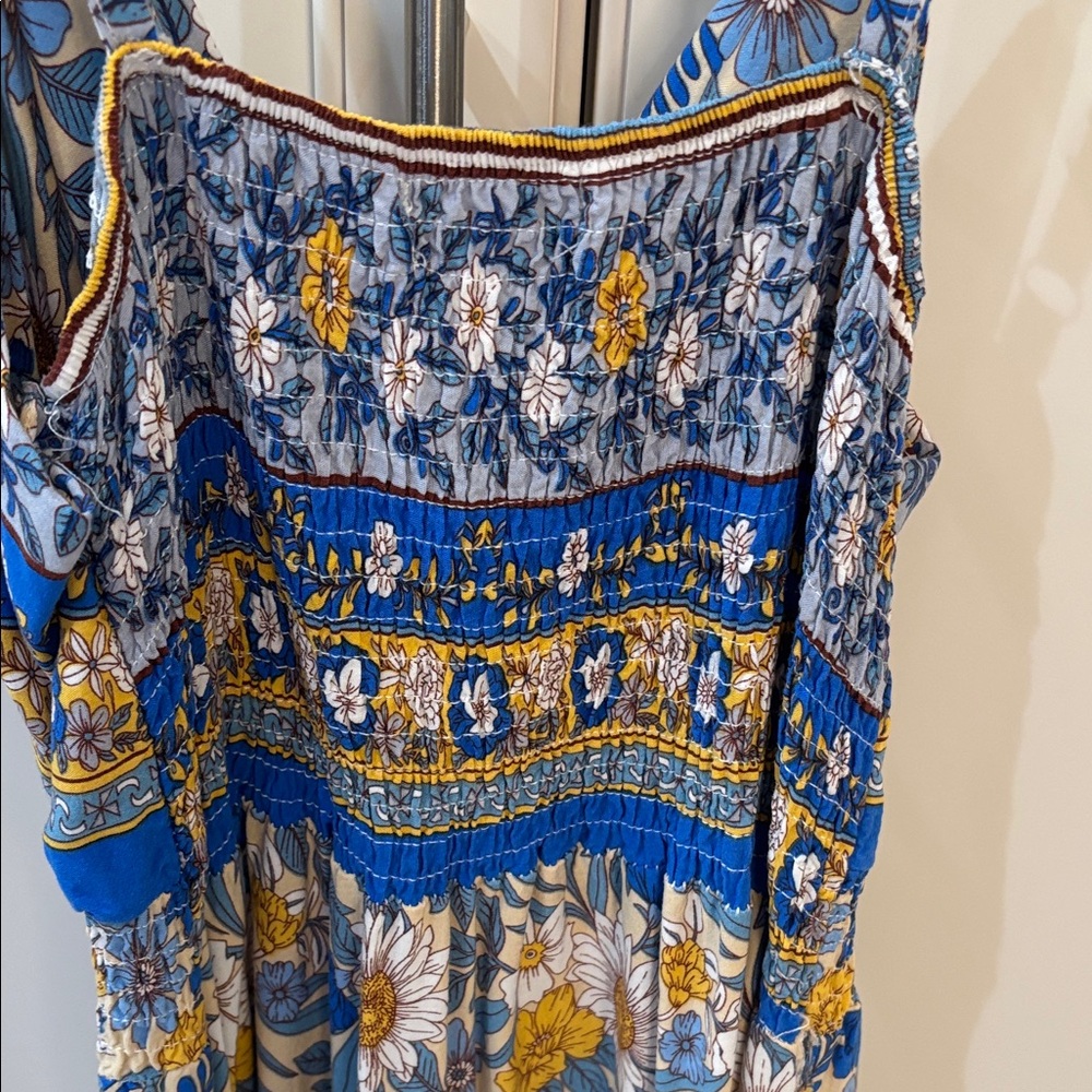 Blue and Yellow Floral Maxi Dress with Smocked Waist - Picture 5 of 5